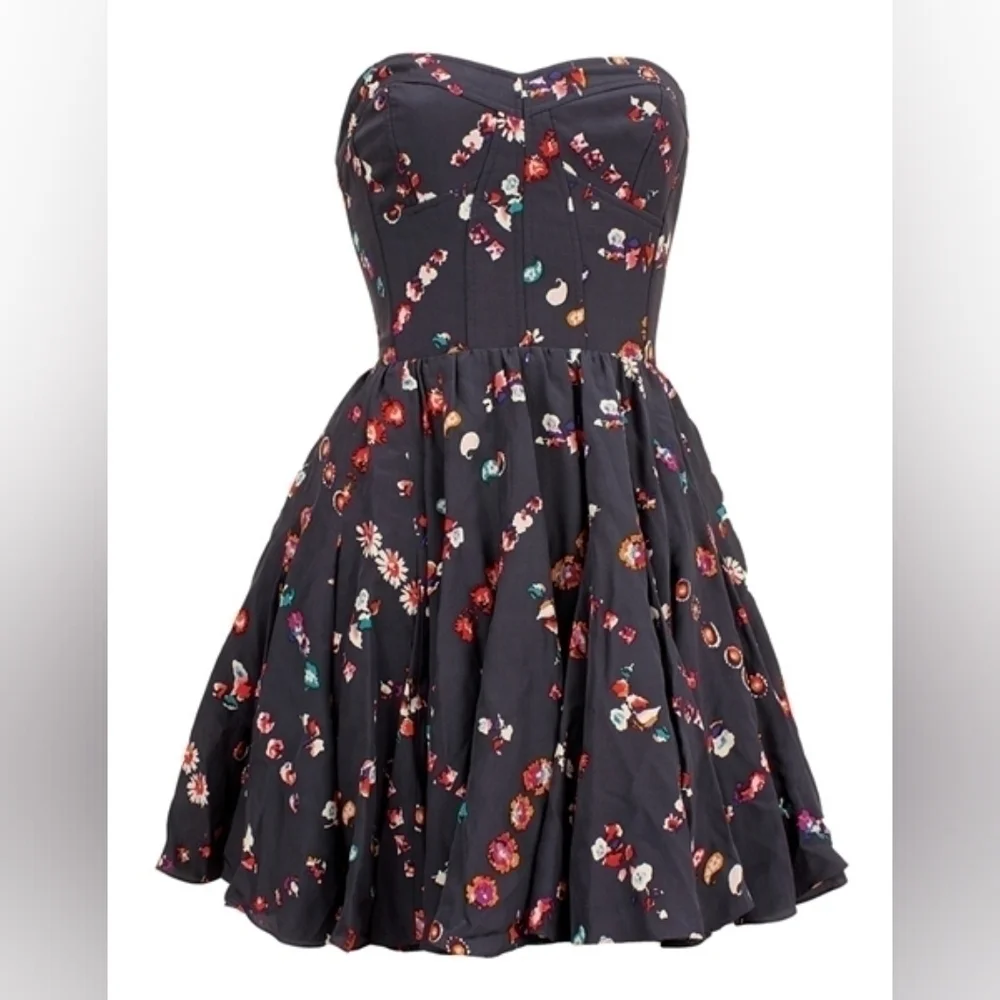Rebecca Taylor Ditsy Floral 100% Silk Strapless Corset Flowy Mini Dress Plus Cup